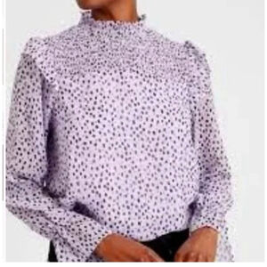 Women's Banana Republic Blouse, Sz S, Purple polka dot smocked high neck ruffle